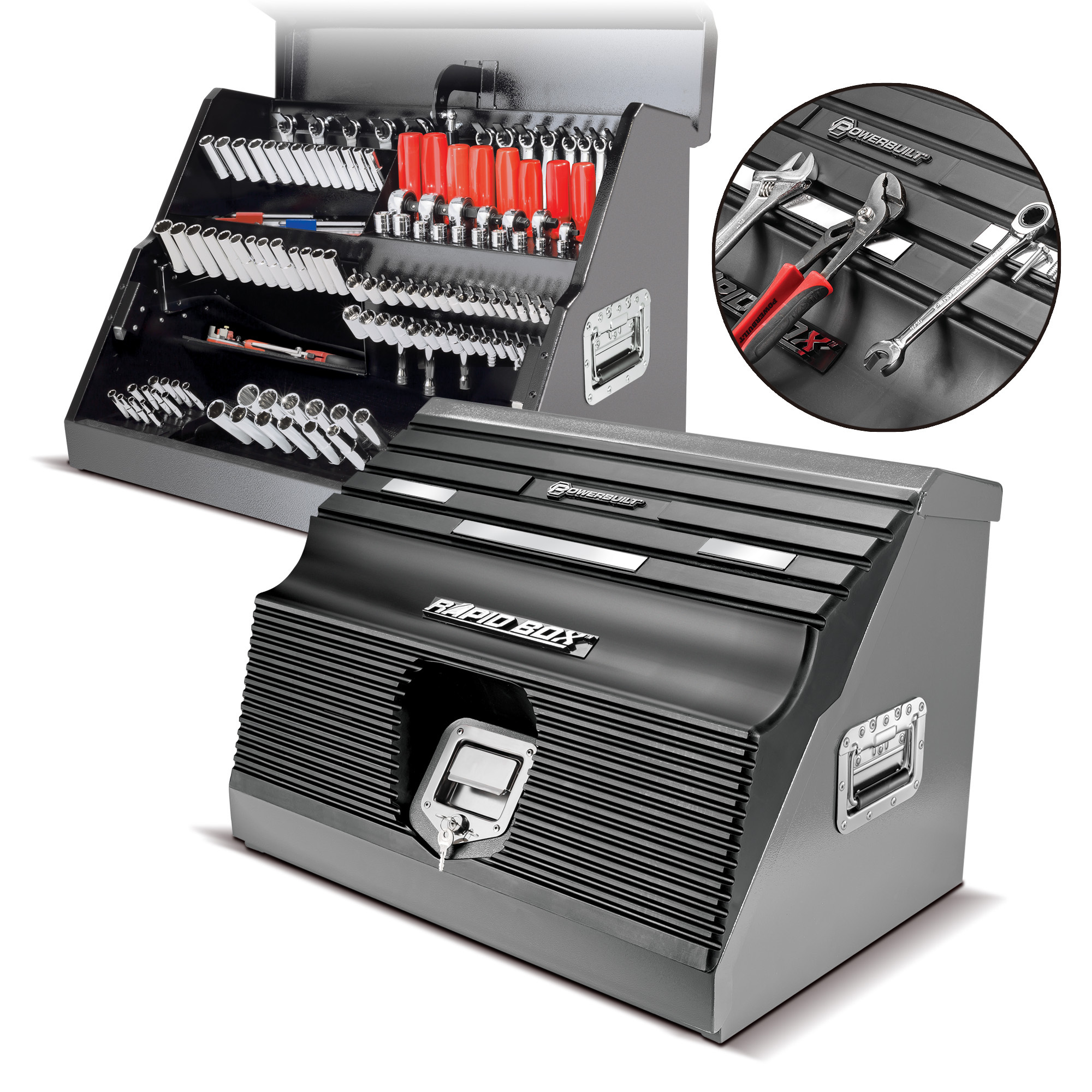Powerbuilt, 26in. Rapid Box Slant Front Toolbox w Magnets-Gray, Color Family Gray, Material Steel, Length 27.75 in, Model# 240102